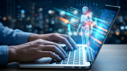Close up of hands typing on laptop displaying artificial intelligence robot and glowing digital data