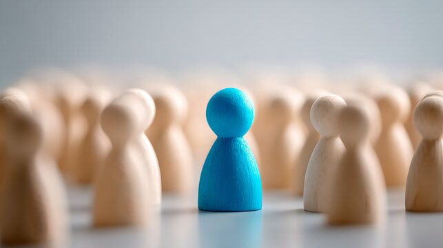 Single Blue Wooden Figure Standing Separately From Group Of Natural Wood Colored Figures 