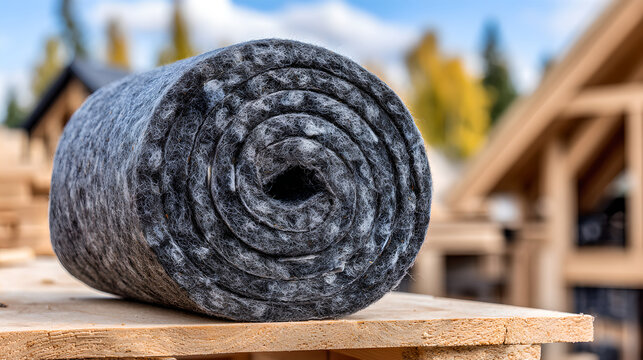 Large roll of gray soundproofing felt material lying on dark wood subfloor