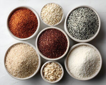 An overhead shot displays an arrangement of various colorful grains and flours presented beautifully in a selection of small ceramic bowls.
