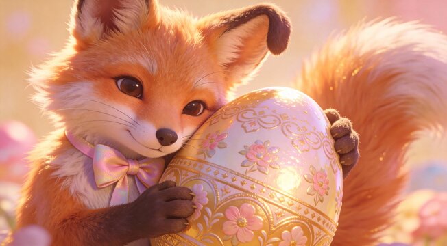 Cute Anthropomorphic Easter Fox Cuddling Giant Egg Close-Up Portrait - AI-generated illustration