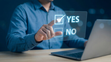 Professional person taps a translucent virtual display selecting YES with a checkmark in a modern di