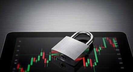 Secure Online Trading Concept with Metal Padlock on Digital Tablet Screen Showing Stock Market Growth Charts