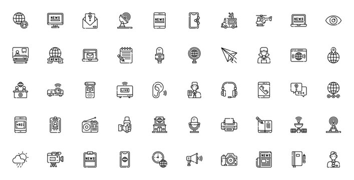 News Journal icon set. Vector illustration pack. Includes symbols for reporter, broadcasting, microphone, camera, newspaper, interview, radio, world news and more. Editable stroke.