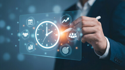 Corporate professional using a glowing digital screen with time management and strategic business sy