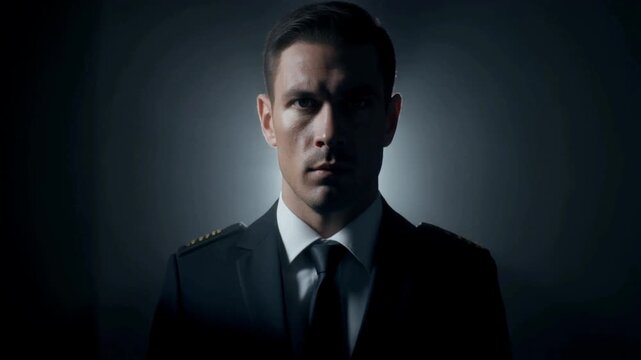 Professional bodyguard walking from darkness into the light,  Ideal for security services or cinematic thriller movie trailers
