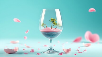 Surreal Wine Glass Tropical Island Concept on Pastel Background