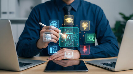 Professional interacting with artificial intelligence holographic interface at desk in office settin