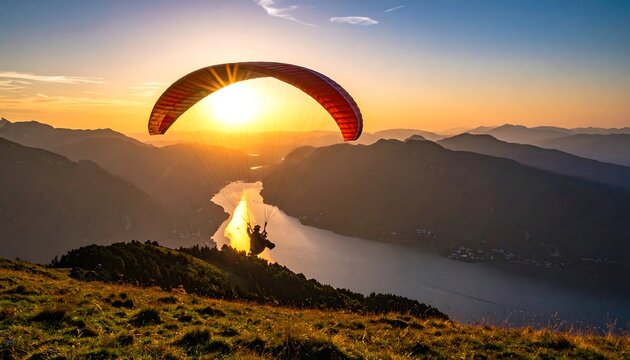 A paraglider soars over a landscape of mountains, lake, and valleys during a golden sunset. Light flares around the sun