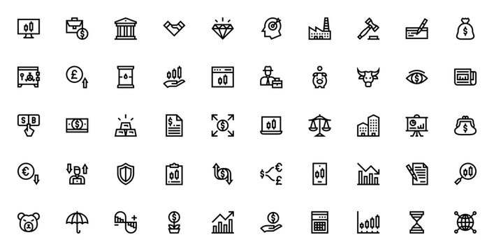 Stock Market icon set. Financial vector icons pack. Includes symbols for trading, investment, bull market, bear market, currency, gold, profit and more. Editable stroke.