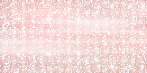 Disco ball mosaic with rose gold mirror glitter texture. Shiny creamy pink sequin pattern background. Festive glamour fashion folded fabric decoration. Glam sparkle Christmas wall. Vector illustration