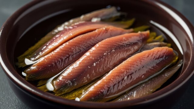 Close-up of preserved anchovies, fillets glistening in olive oil, in a dark brown bowl