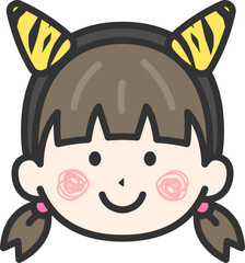 2本角の鬼のカチューシャをつけた、女の子のアイコン（線画カラー）のイラスト