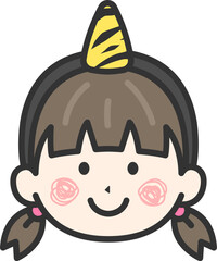 1本角の鬼のカチューシャをつけた、女の子のアイコン（線画カラー）のイラスト