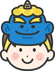 青鬼のお面をつけた、男の子のアイコン（線画カラー）のイラスト