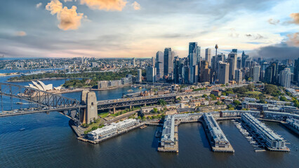 21 January 2026 Aerial Drone View of Sydney Harbour Circular Quay on a nice Summer day beautiful Sky in Sydney NSW Australia