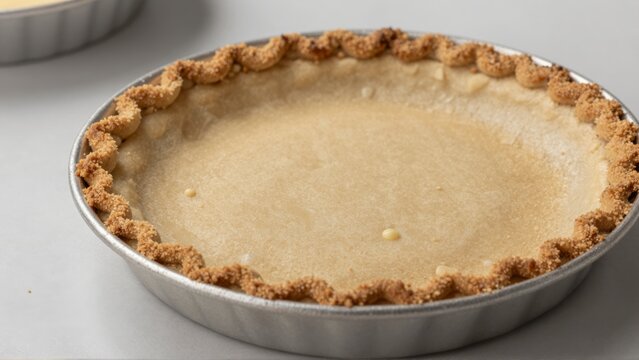 Close up of an empty pie crust with a decorative crimped edge in a metal pan