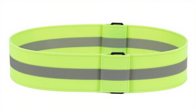A neon yellow safety belt with reflective gray stripes and adjustable buckles