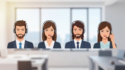 Four diverse customer service reps in headsets, set against an out-of-focus office backdrop
