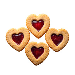 Four heart-shaped cookies with jam isolated on transparent background