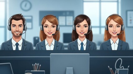 Four smiling customer service representatives wearing headsets at their desks in a modern office