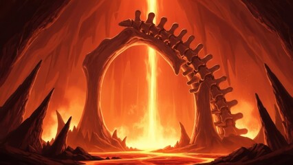 Fiery landscape, skeletal archway with a glowing beam, ominous, digital painting