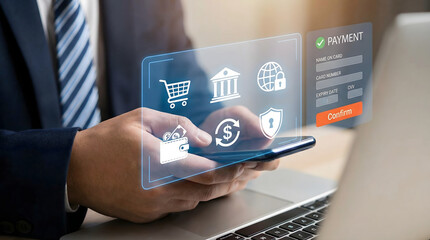 Businessman using smartphone for secure online payment with digital interface and technology icons