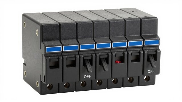 Multiple black electrical circuit breakers with blue indicator labels are aligned in a row