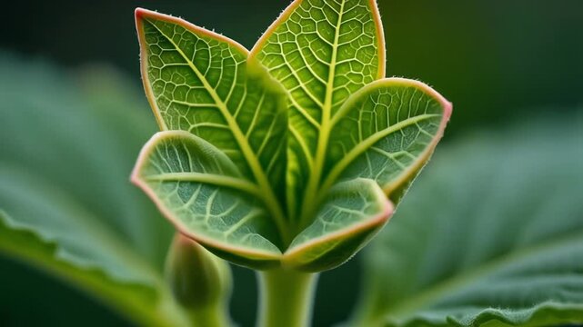 Close up of a plant bud slowly opening revealing delicate green leaves.