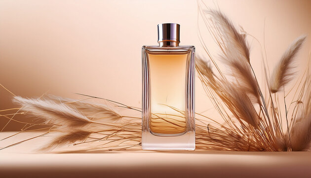 Elegant Perfume Bottle On A Soft Beige Background With Dried Grass Accents Capturing The Essence Of Luxury And Sophistication In Fragrance Design