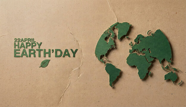 Happy Earth Day message with a green world map on a recycled paper background, celebrating environmental awareness on April 22nd.