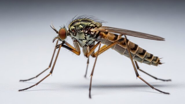 Macro shot of a delicate insect with intricate patterns and vibrant colors against a white backdrop