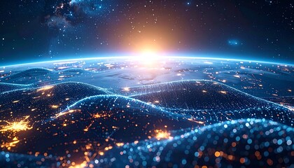 Earth's nightside and dawn from space, with a data-like grid overlay