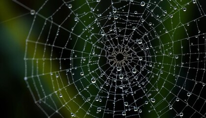 Obraz premium Tiny dew drops on a spider web, intricate natural design, water, wet