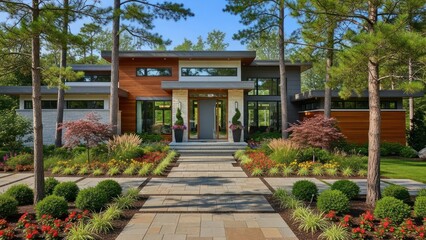 Modern home with stone walkway, lush gardens, and mature trees in a serene setting