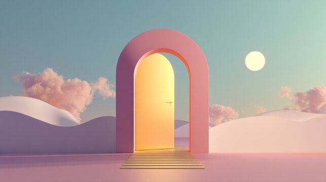Minimal 3D Illustration of an Open Door in a Dreamy Abstract Space Landscape