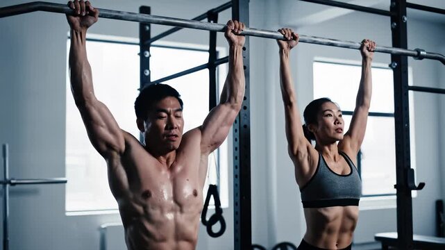 Asian Man and Woman Doing Pull Ups at Gym, Fitness Training