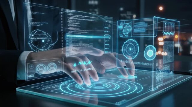 Businessman analyzing digital data on futuristic holographic touch interface in modern night office