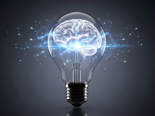 Glowing brain inside a light bulb, representing intelligence and ideas