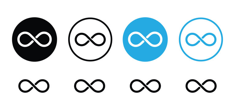 Infinity icon set. Endless loop and eternal limit symbol collection. Flat, silhouette and outline style vector illustration.Infinity icon set. Symbols of endless, unlimited, eternal. Infinity