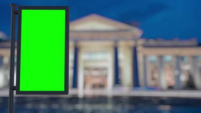 Timelapse showing a blank green screen billboard with a stately building in the background. Perfect for advertising and marketing campaigns