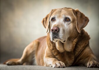 Obraz premium Relaxed Golden Labrador Retrieving Beauty in Calm Indoor Setting with Soft Light