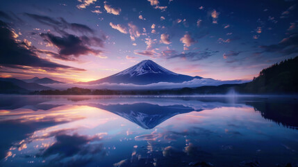 Serene Reflection: Majestic mountain mirrored in tranquil waters, under a sky painted with clouds.