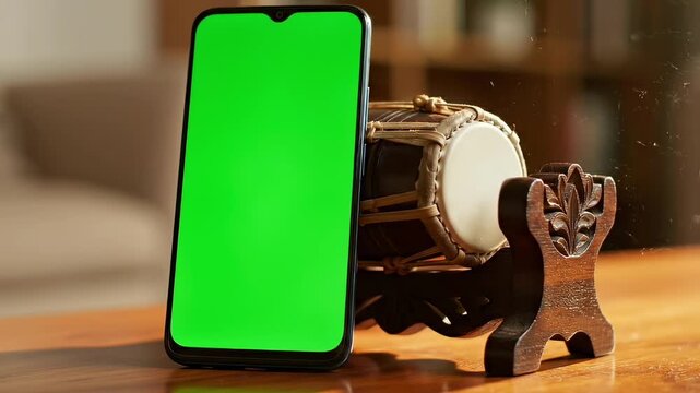 Smartphone with Green Screen Display Leaning Against Miniature Traditional Bedug Drum on Wooden Desk