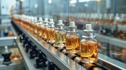Bottles on the production line: This image shows a row of elegant, glass bottles filled with a golden liquid moving along a conveyor belt.