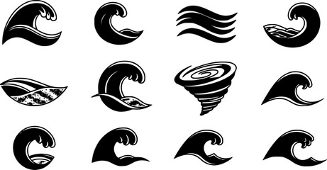 Fototapeta premium Water wave line art set. Wave beach vector symbol or logo design collection. Abstract water waves see blue vector design elements. 