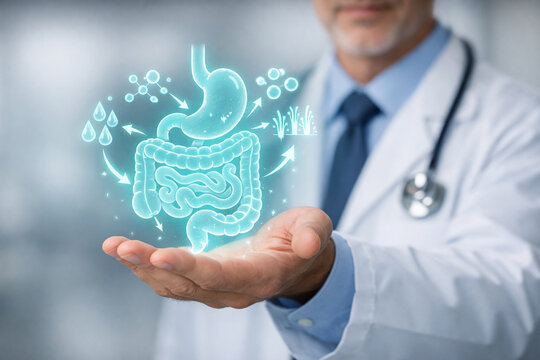 AI generated doctor presenting cyan hologram digestive system with nutrient absorption icons in clean medical studio background and copy space for healthcare technology communication