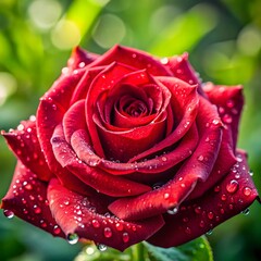 Close-up of a wet red rose with water droplets and bokeh background