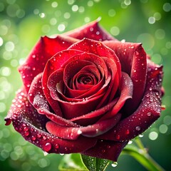 Close-up of a wet red rose with water droplets and bokeh background