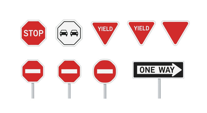 This minimalist flat design vector illustration features a collection of essential regulatory traffic signs like Stop, Yield, No Entry, and One Way, perfect for navigation and urban planning projects.